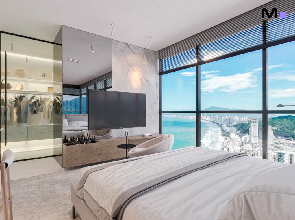 Quarto moderno no Redentor Residencial com vista panorâmica da praia e da cidade.