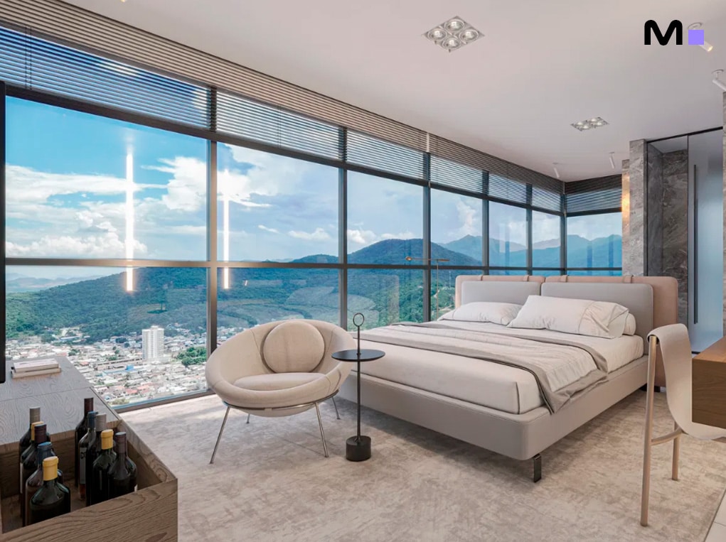 Quarto moderno e iluminado com vista panorâmica no Redentor Residencial.