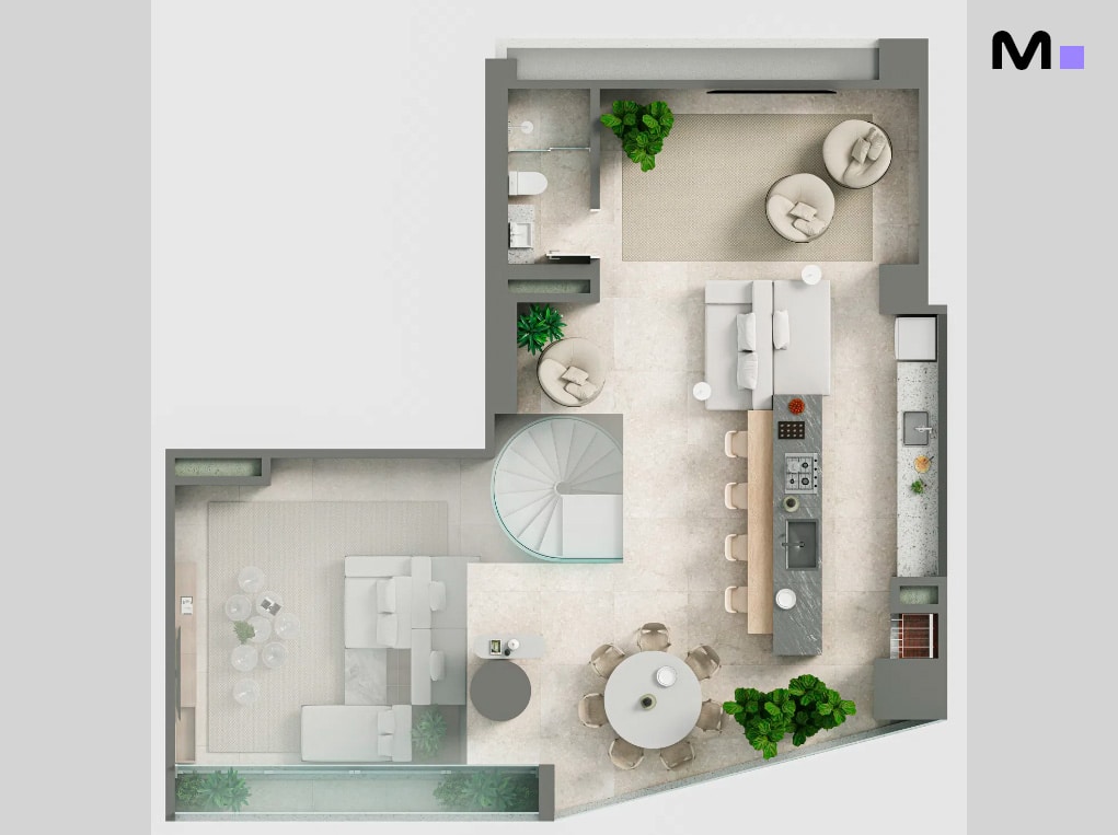 Planta baixa moderna do Redentor Residencial com sala de estar, cozinha integrada e varanda.