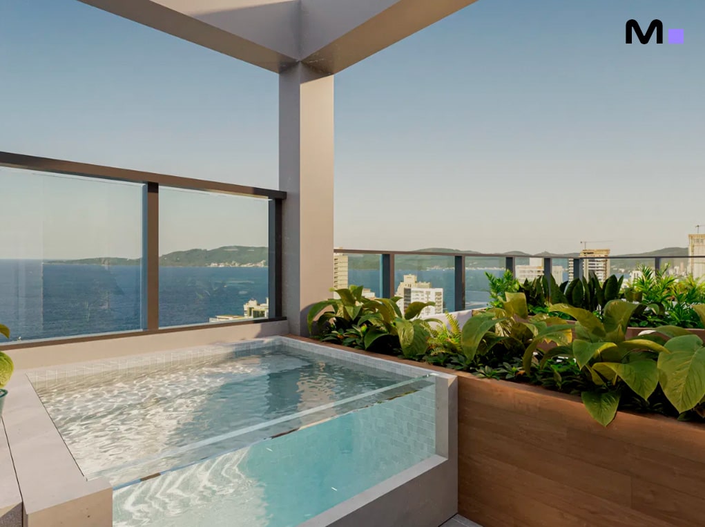 Piatto Residenziale: Vista de cobertura com piscina e paisagem urbana.