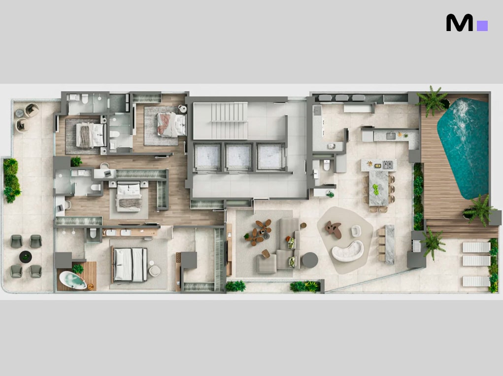 Planta baixa do Redentor Residencial com piscina, quartos, sala de estar e cozinha amplos.