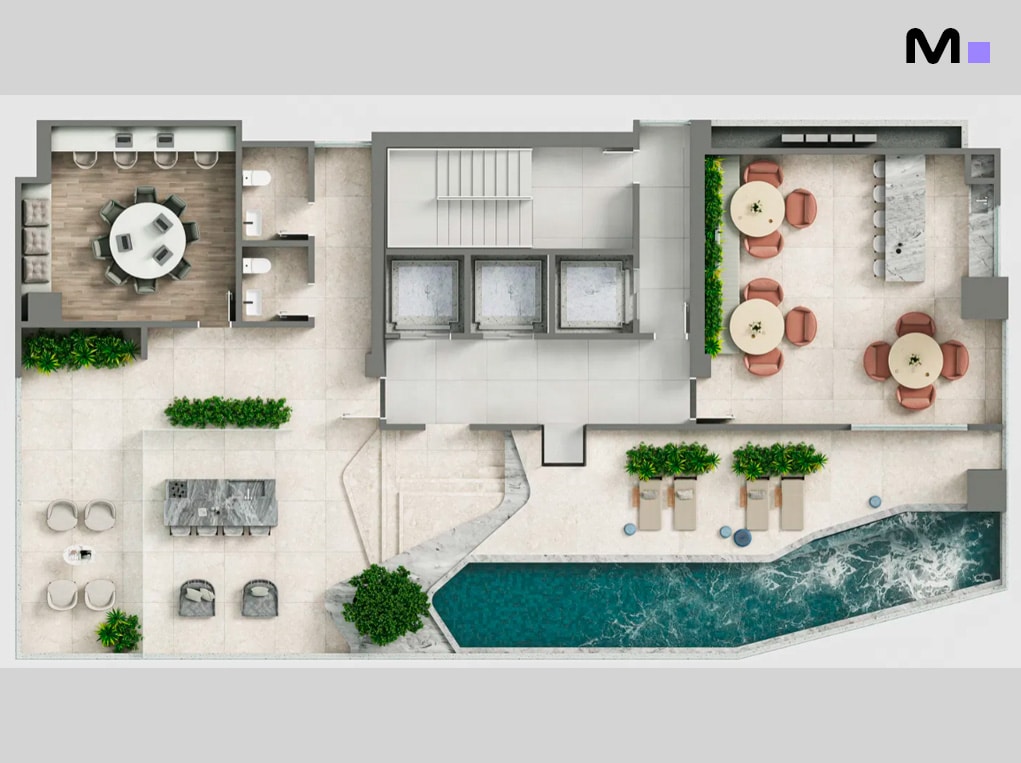 Planta do Redentor Residencial com piscina, áreas de estar e salas de reunião.