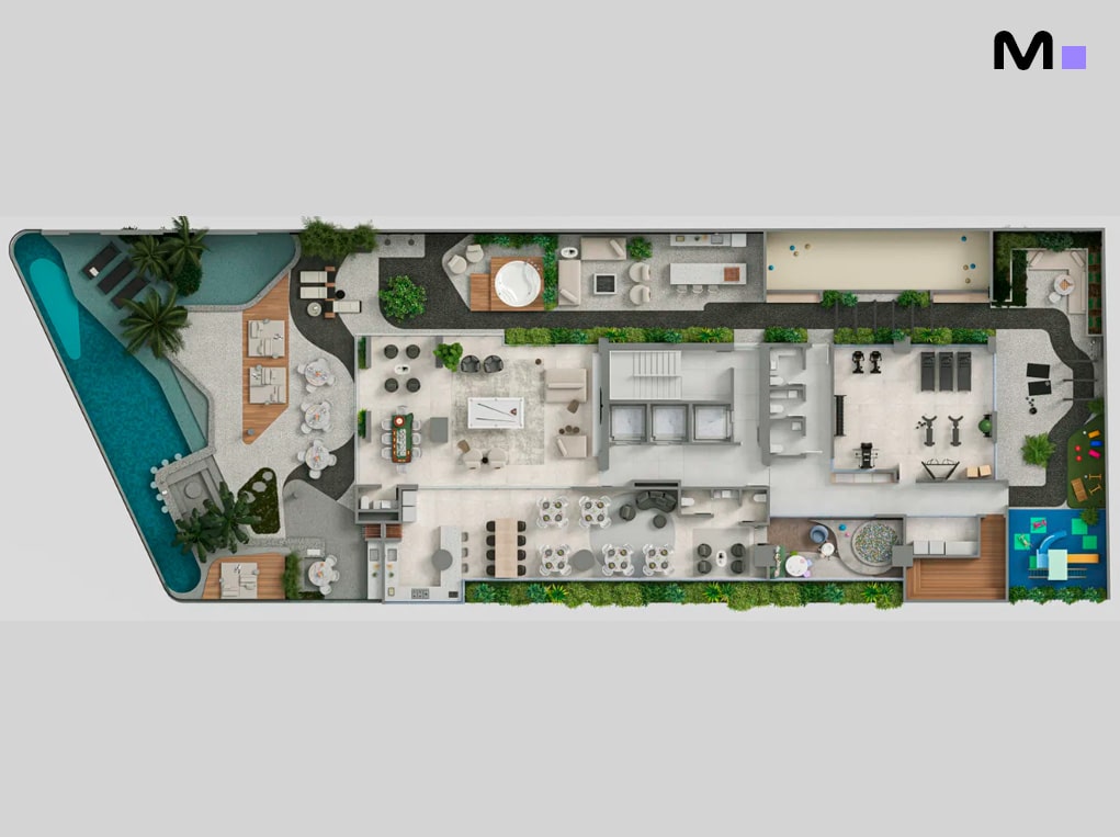 Planta baixa do Redentor Residencial com piscina, academia, salão de festas e áreas de lazer.