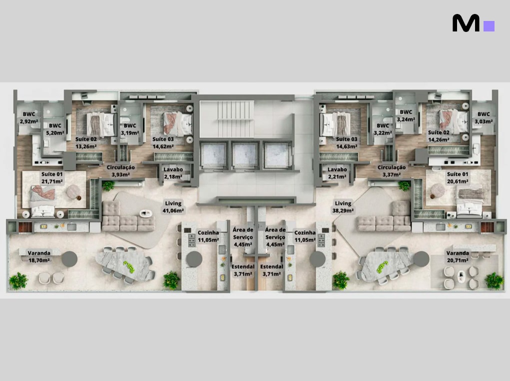 Planta baixa do Redentor Residencial com suítes, varandas e áreas de serviço bem distribuídas.