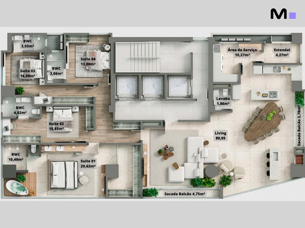 Planta baixa do Redentor Residencial com suítes, living amplo e sacada.