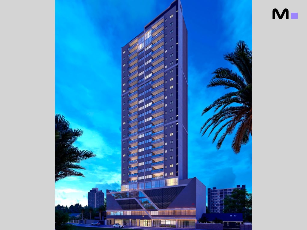 Edifício alto com varandas e janelas sob céu azul. Arquitetura moderna.