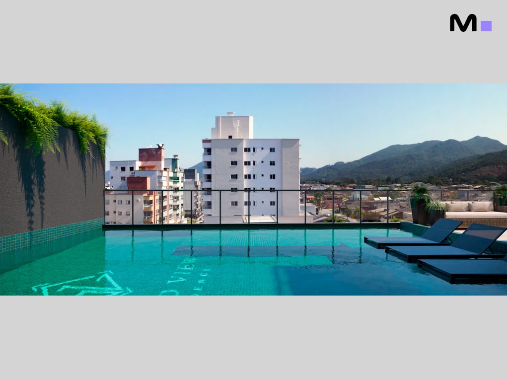 Piscina no terraço do Grand View Residence com vista panorâmica da cidade e montanhas.