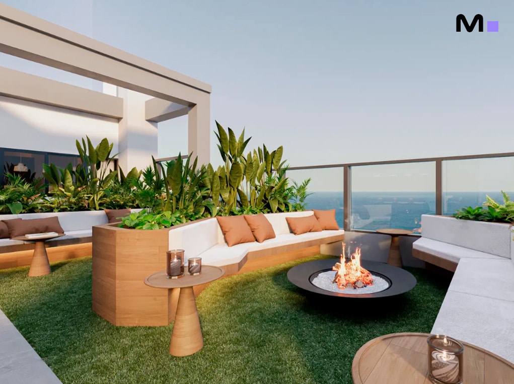 Terraço moderno com lareira e sofás confortáveis. Piatto Residenziale.