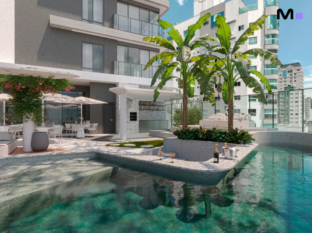 Piscina luxuosa no Redentor Residencial com palmeiras e área de lazer moderna.