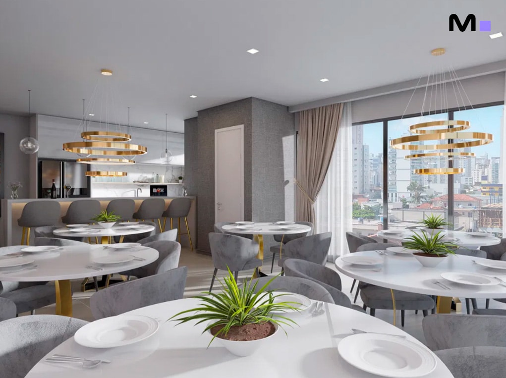 Interior elegante do Grand View Residence com mesas redondas e vista panorâmica da cidade.