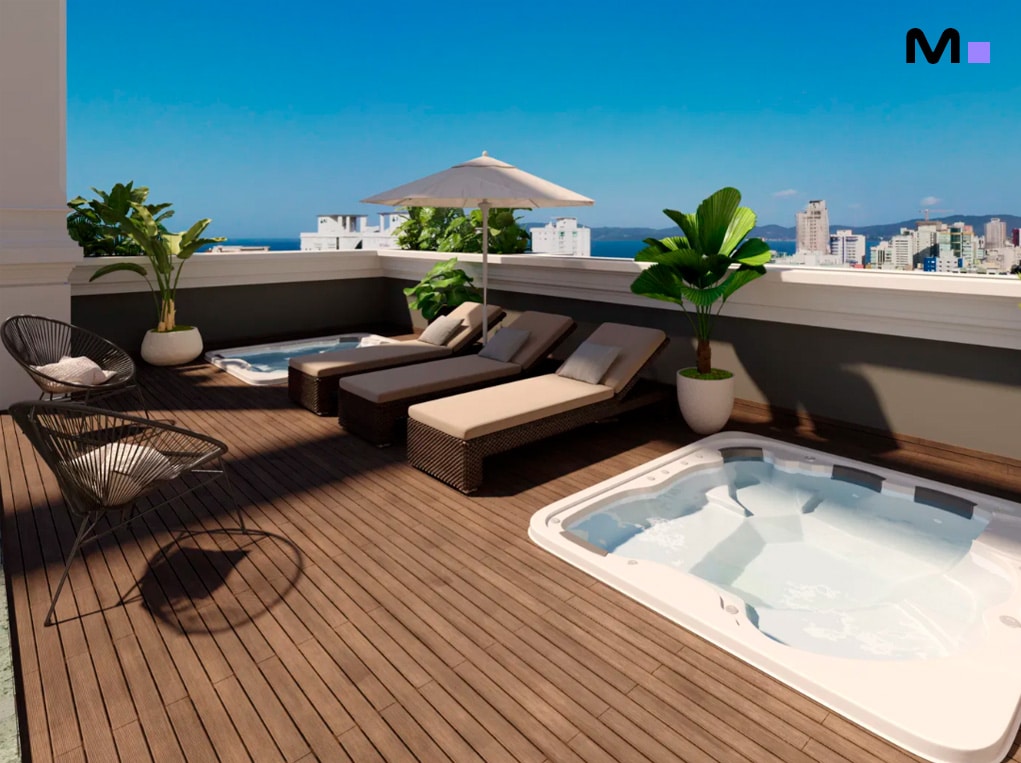 Terraço ensolarado com jacuzzis, espreguiçadeiras e vista para o mar no Piatto Residenziale.