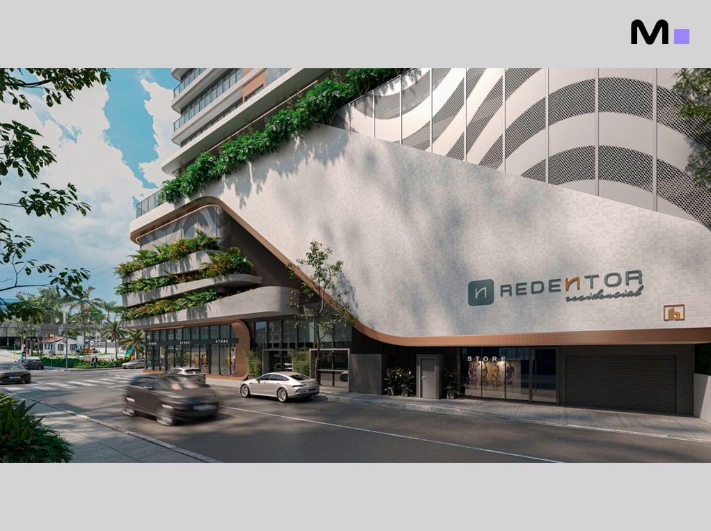 Fachada moderna do Redentor Residencial com lojas e paisagismo urbano.