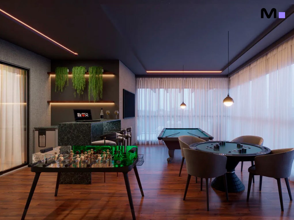 Sala de jogos moderna com mesa de pebolim, bilhar e área de bar na Grand View Residence.