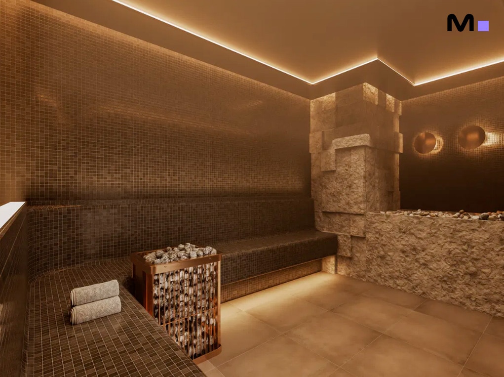 Sauna moderna com paredes revestidas em mosaico e iluminação suave. Piatto Residenziale.