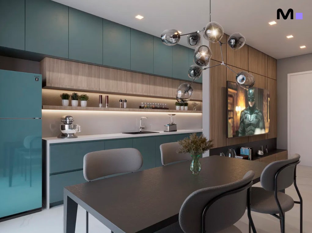 Cozinha moderna com mesa de jantar, geladeira azul e armários verdes. Grand View Residence.