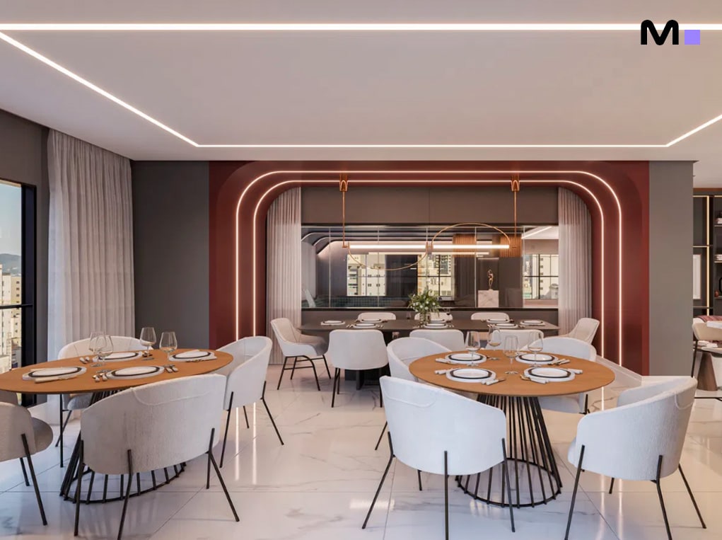 Interior elegante do Piatto Residenziale com mesas redondas e cadeiras brancas.