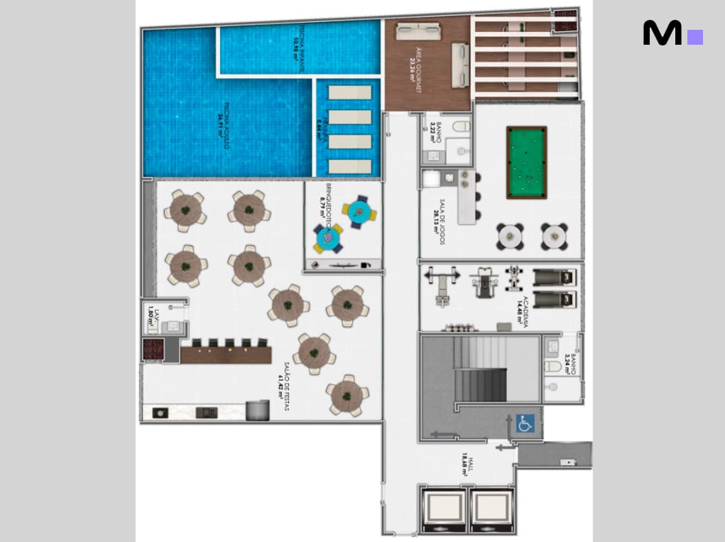 Planta baixa da Grand View Residence com piscina, salão de festas, academia e sala de jogos.