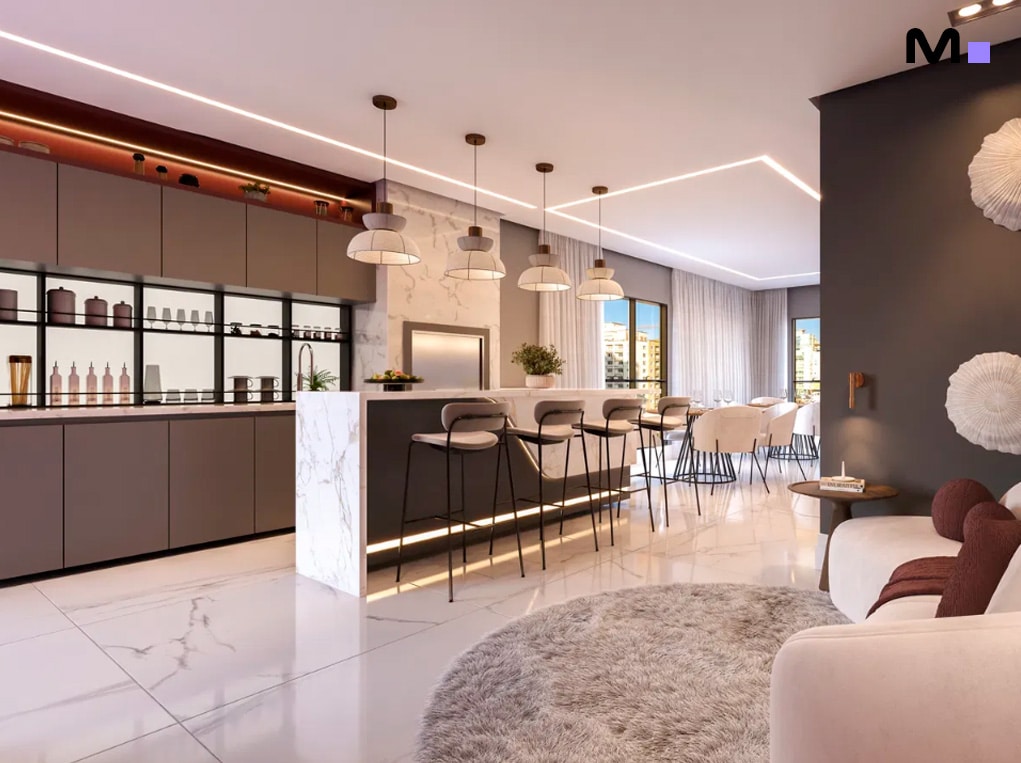 Cozinha moderna e elegante do Piatto Residenziale com ilha, cadeiras e piso brilhante.