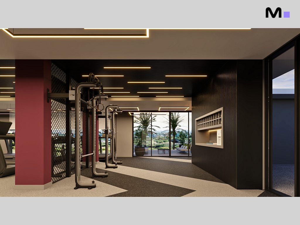 Academia moderna no Habitat Praia Brava com equipamentos e vista para a natureza.