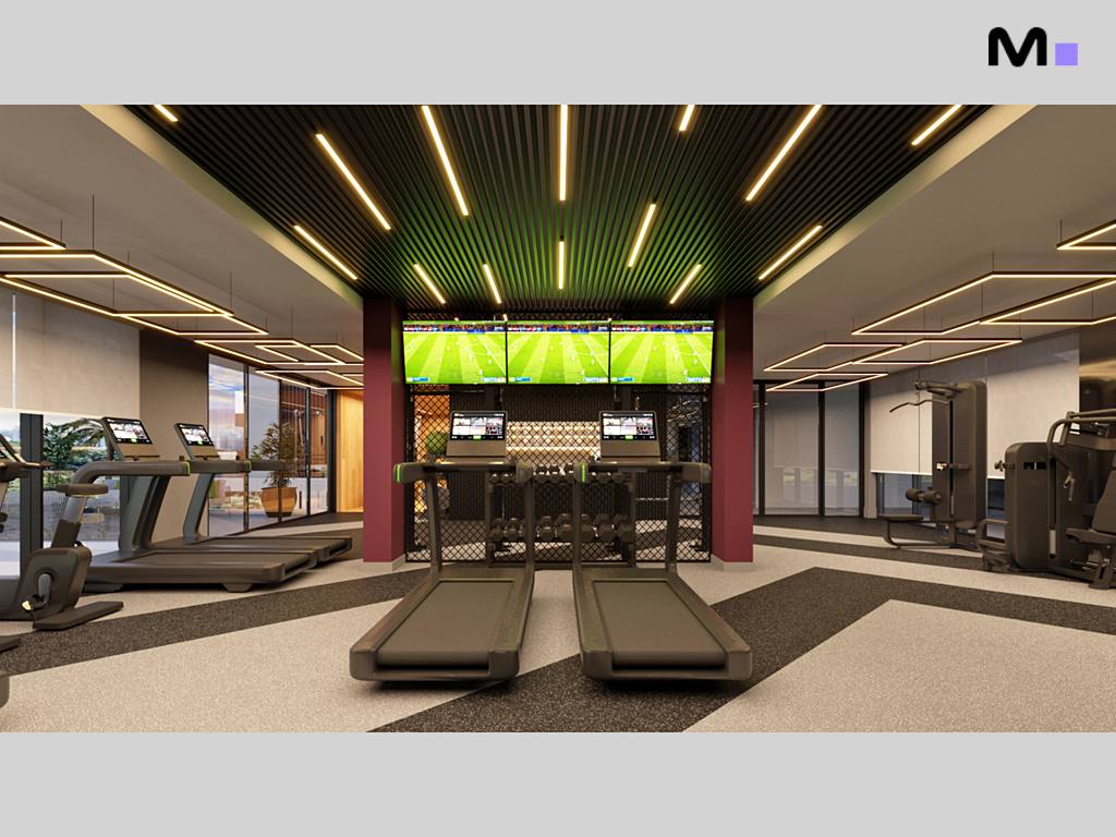 Academia moderna no Habitat Praia Brava com esteiras e equipamentos de ginástica.