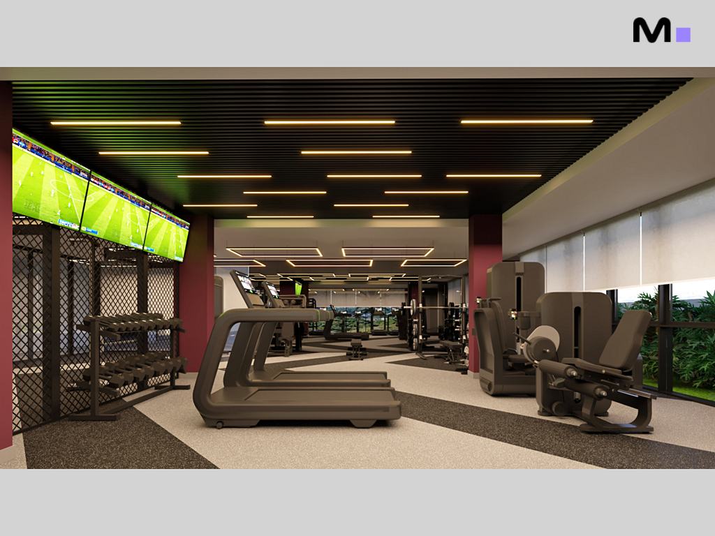 Academia moderna com esteiras, aparelhos de musculação e TVs. Habitat Praia Brava.