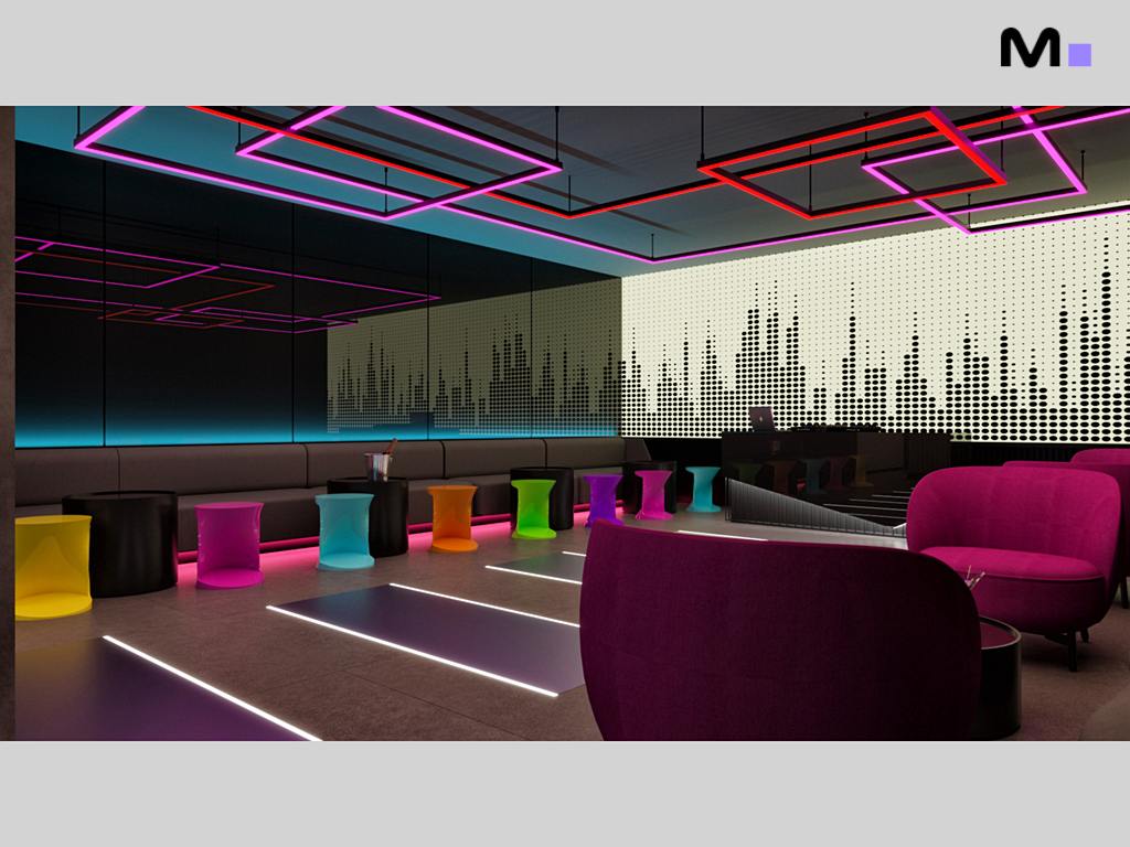 Interior moderno do Habitat Praia Brava com iluminação neon e decoração estilosa.