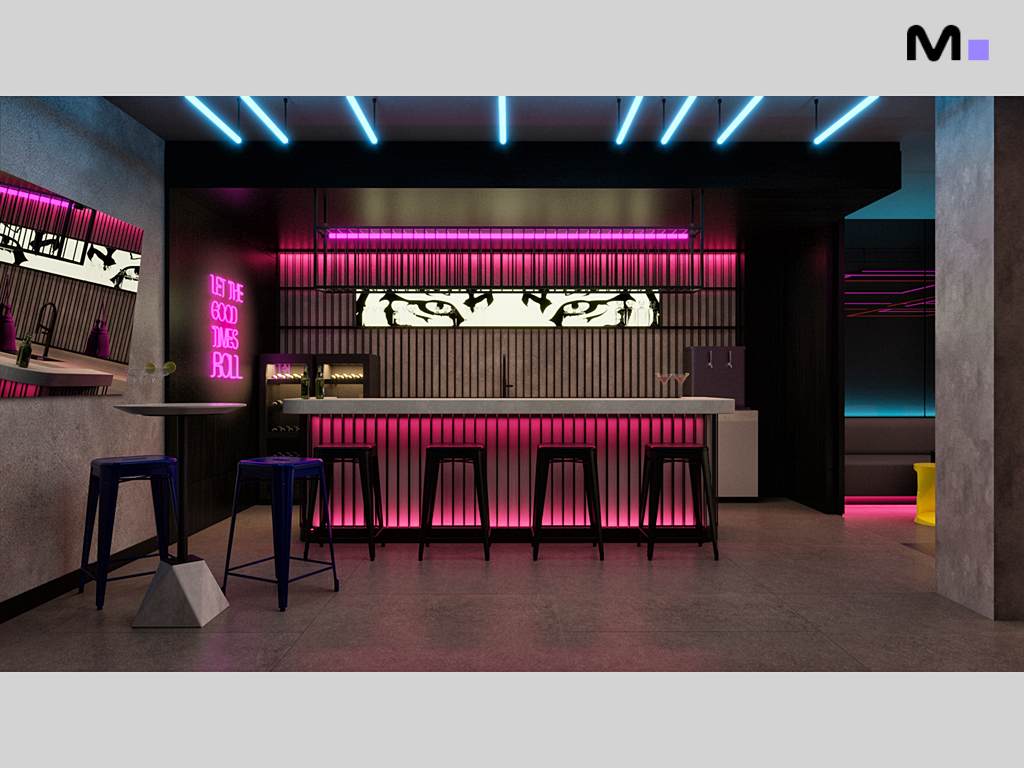 Bar moderno com iluminação neon rosa e azul. Letreiro: "Let the good times roll.