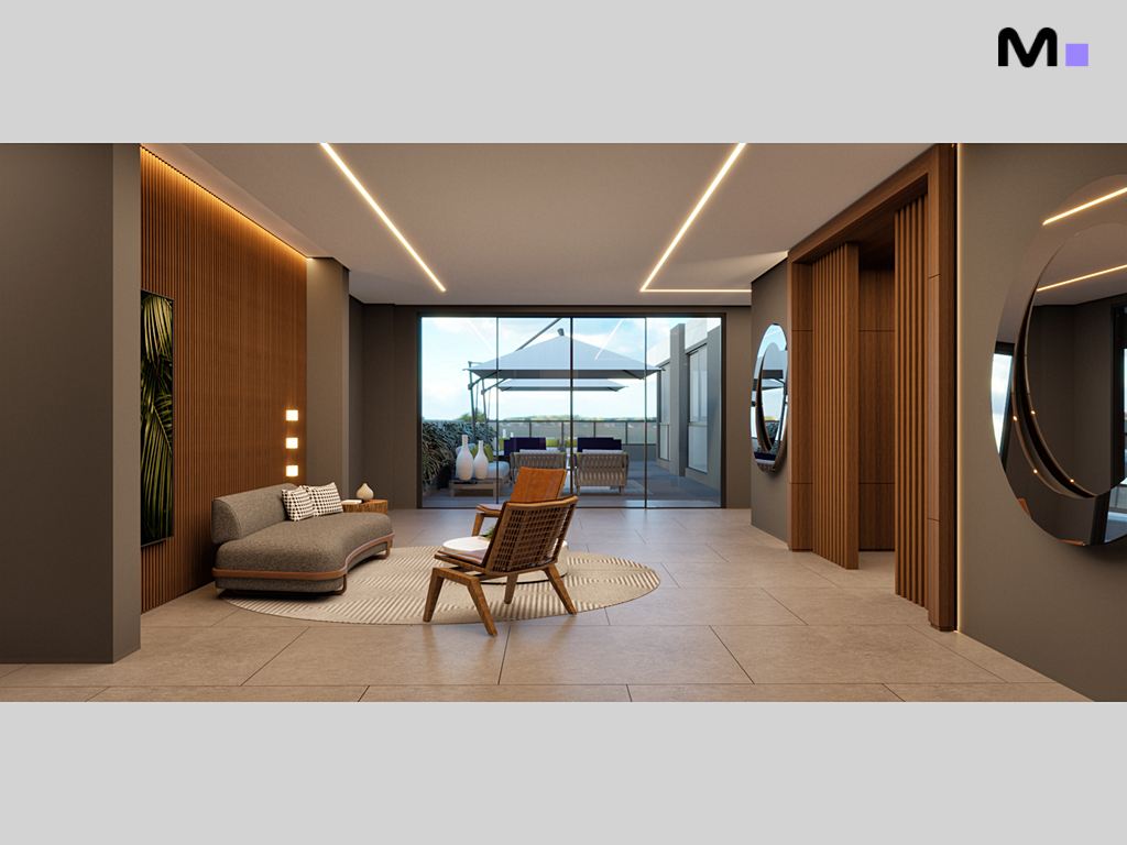 Interior moderno do Habitat Praia Brava com sala de estar aconchegante e varanda iluminada.