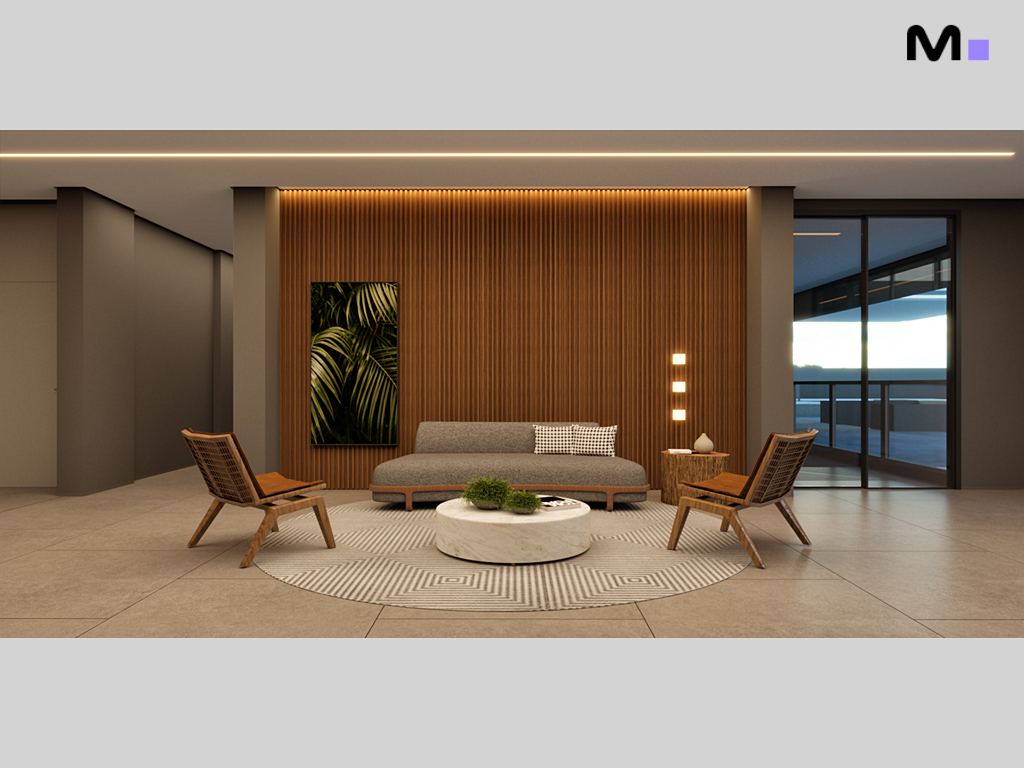 Sala de estar moderna com sofá cinza, cadeiras de vime e tapete circular. Habitat Praia Brava.