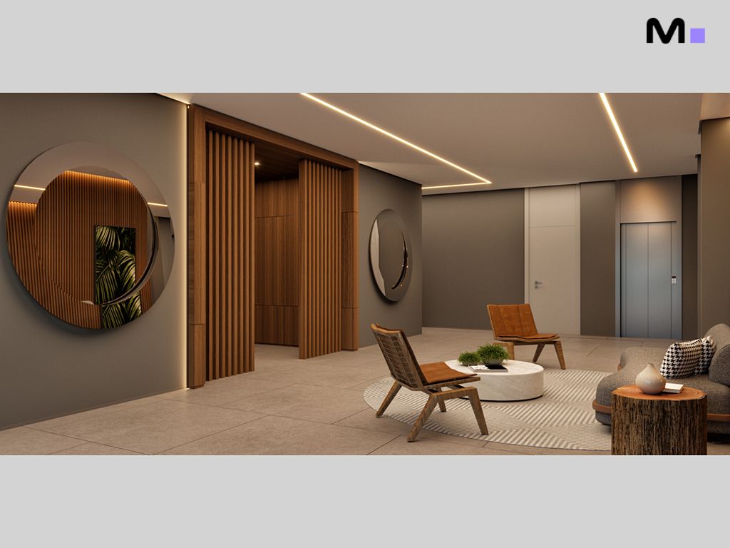 Recepção moderna com espelhos redondos e área de estar aconchegante. Habitat Praia Brava.