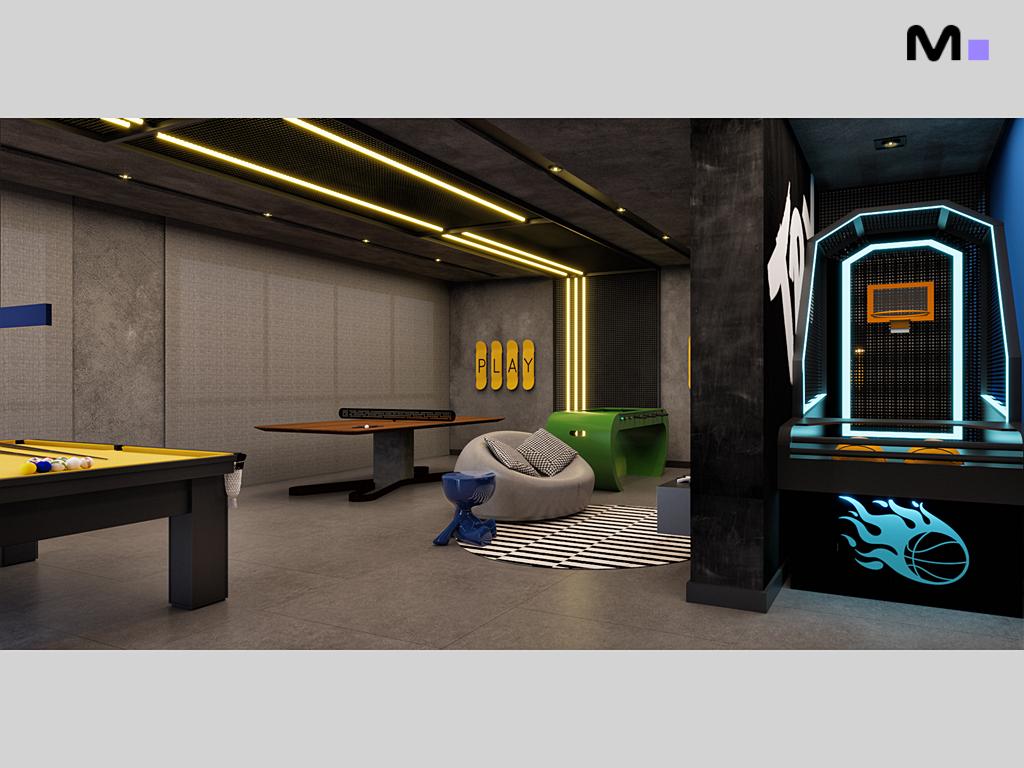 Sala de jogos moderna com mesa de bilhar, basquete eletrônico e decoração vibrante. Habitat Praia Brava.