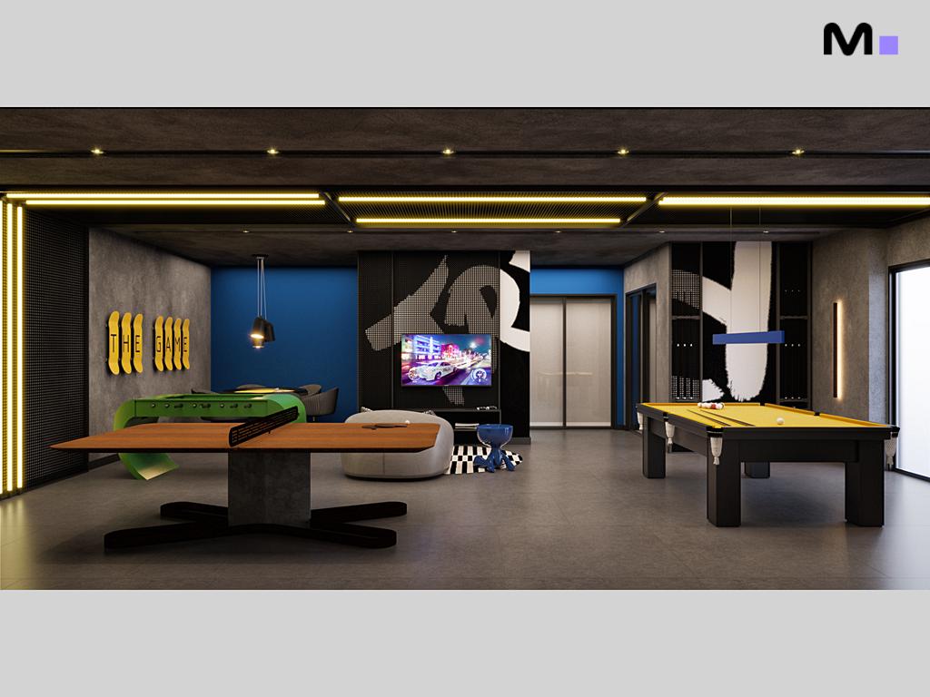 Sala de jogos moderna com mesa de ping pong, sinuca e TV. Habitat Praia Brava.