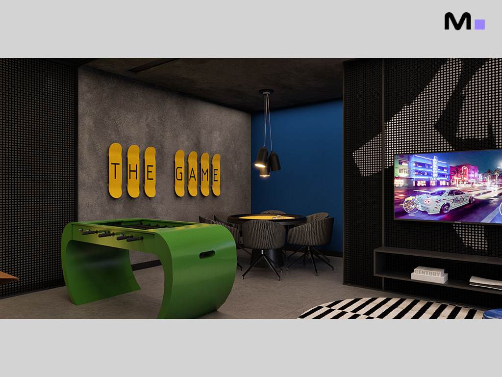 Sala de jogos moderna com mesa de pebolim verde e decoração vibrante. "The Game" em amarelo na parede.