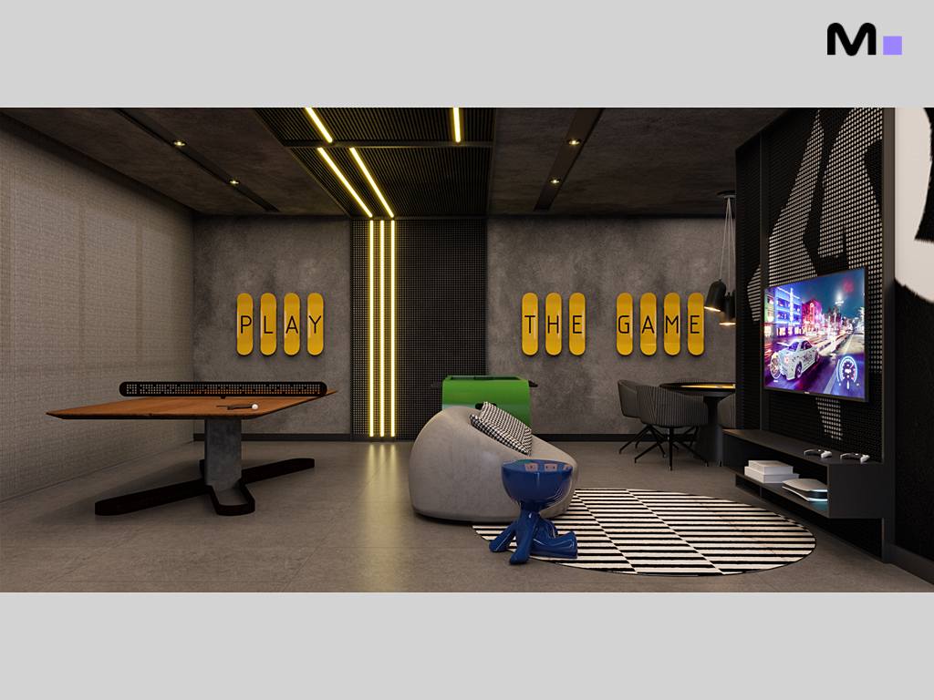 Sala de jogos moderna com mesa de pingue-pongue, TV e decoração elegante. "PLAY THE GAME