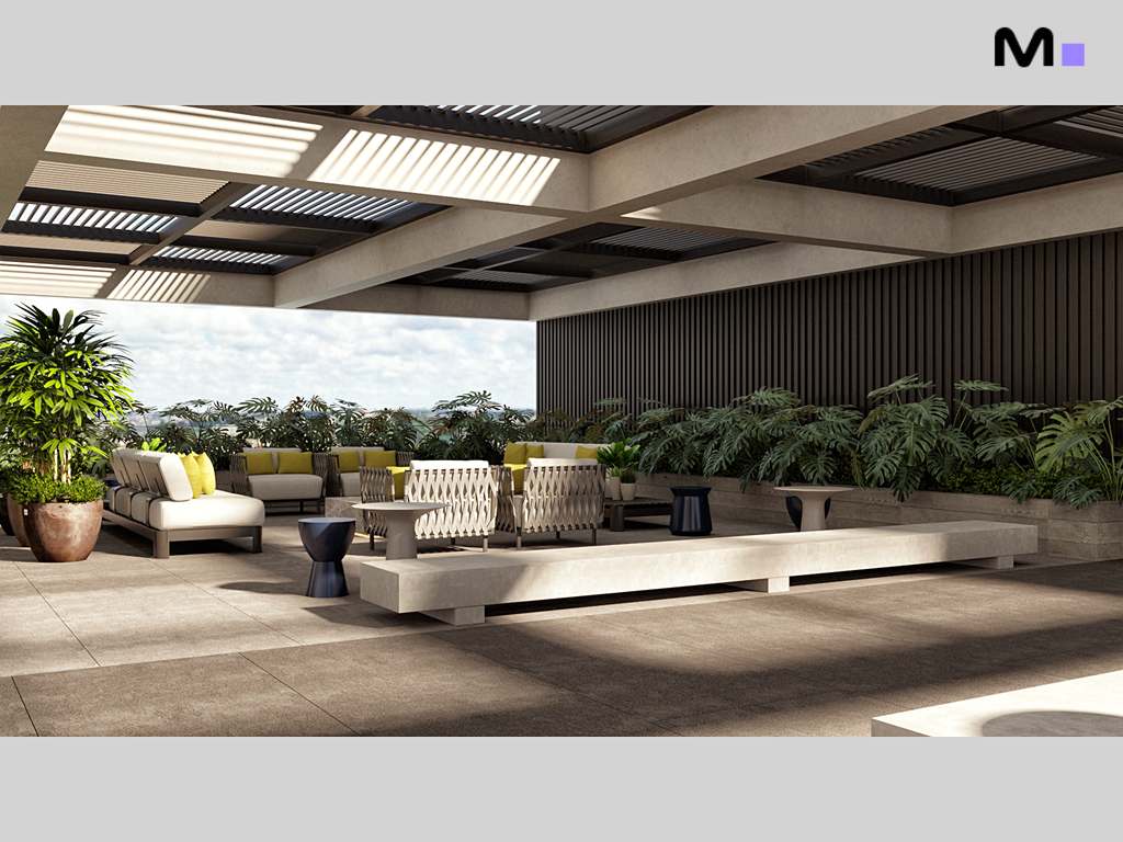 Terraço moderno com área de estar e paisagismo exuberante no Habitat Praia Brava.