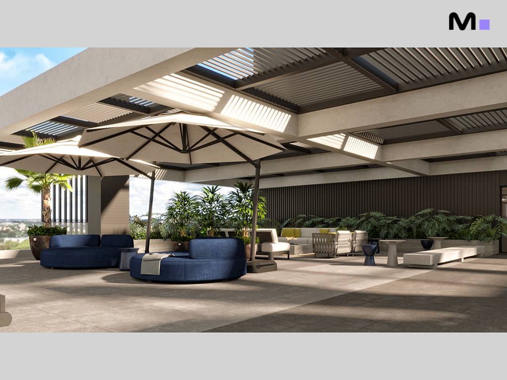 Terraço moderno com sofás azuis, plantas e cobertura, ideal para Habitat Praia Brava.