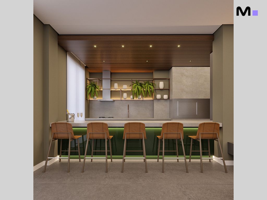 Cozinha moderna com ilha, banquetas marrons e iluminação verde. Habitat Praia Brava.