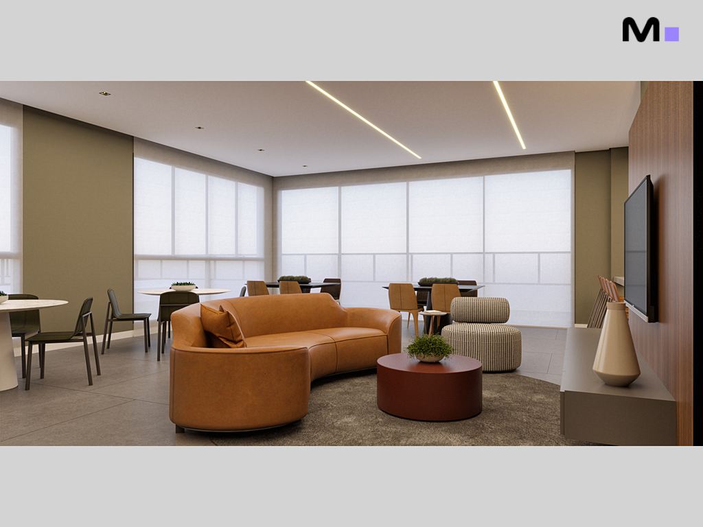 Sala de estar moderna com sofá curvo marrom e janelas amplas no Habitat Praia Brava.