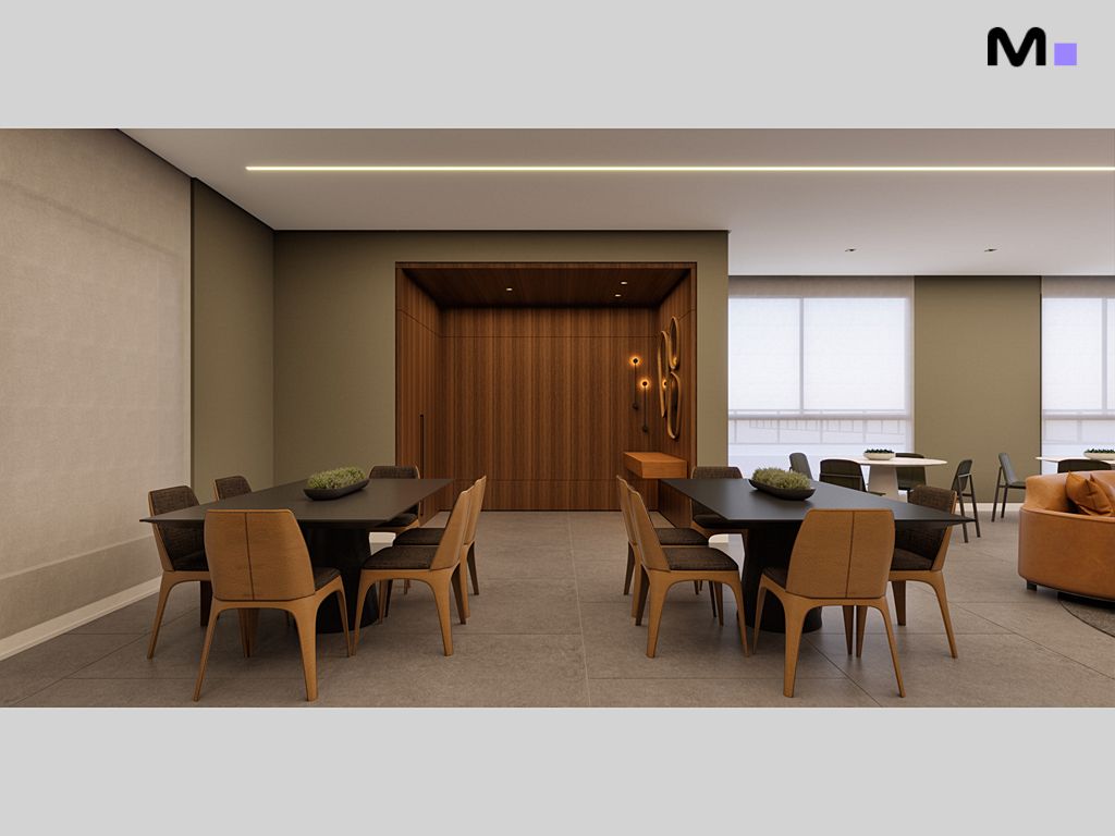 Salão de jantar moderno com mesas pretas e cadeiras de madeira no Habitat Praia Brava.