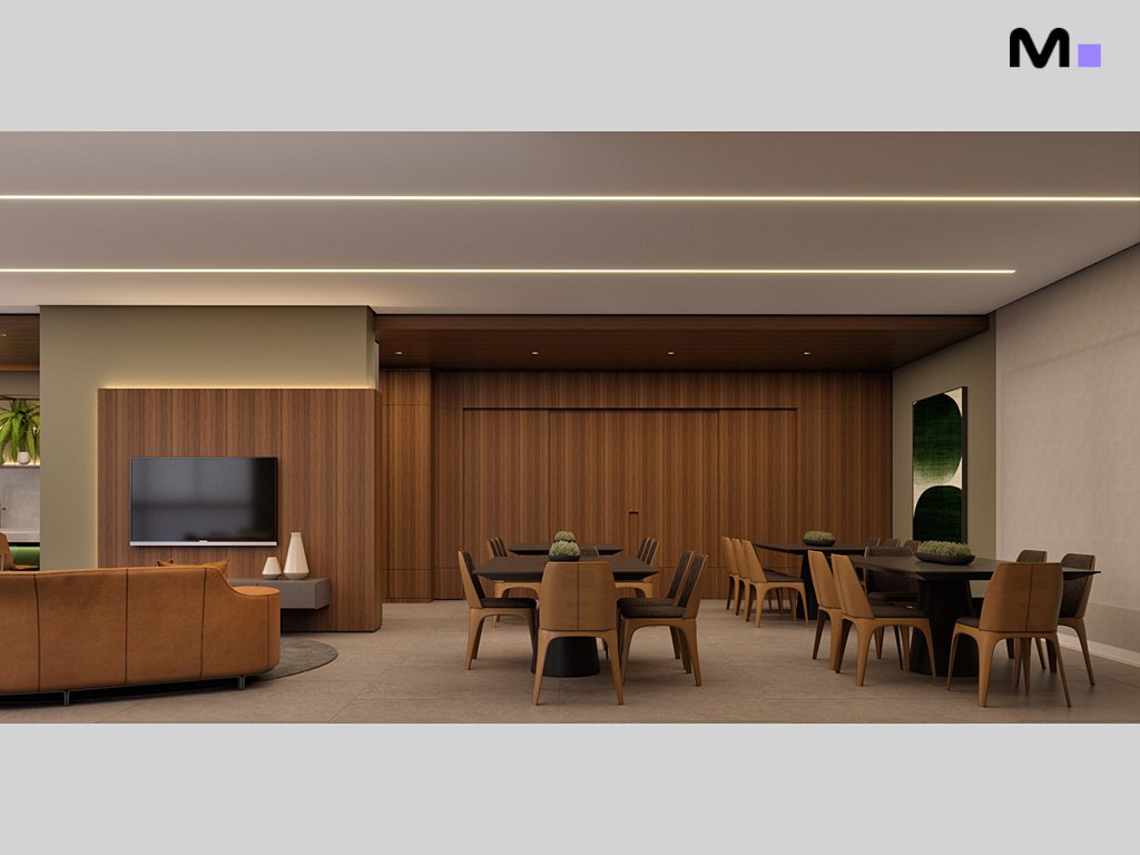 Sala de estar e jantar moderna no Habitat Praia Brava, com móveis elegantes e iluminação suave.