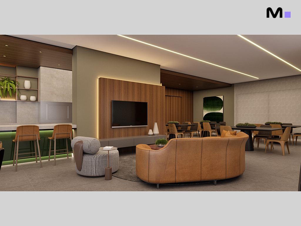 Interior moderno do Habitat Praia Brava com sala de estar, TV e área de refeições elegante.