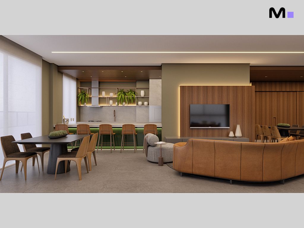 Sala de estar moderna e iluminada no Habitat Praia Brava, com sofá de couro e cozinha integrada.