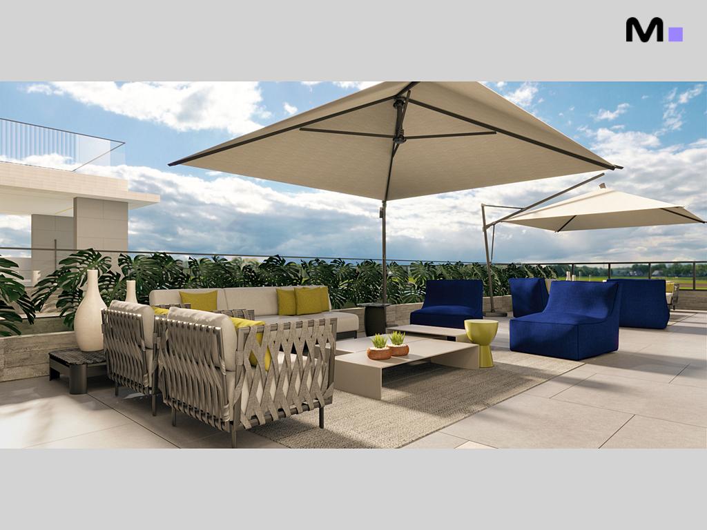 Terraço moderno com móveis de área externa, incluindo sofás e guarda-sóis. Habitat Praia Brava.