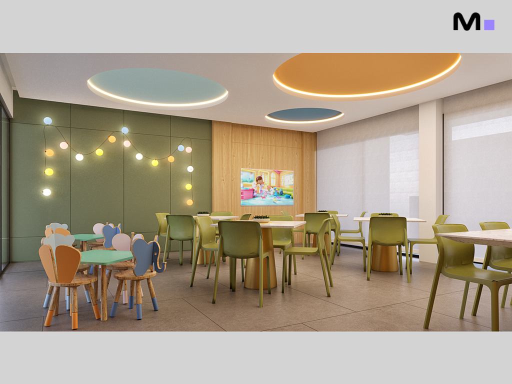 Sala de recreação infantil colorida com mesas e cadeiras no Habitat Praia Brava.