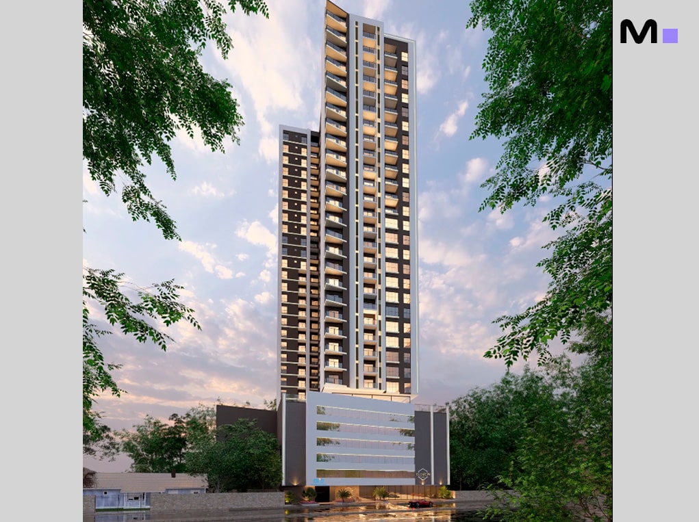 Edifício alto e moderno com varandas e céu azul. Arquitetura contemporânea.