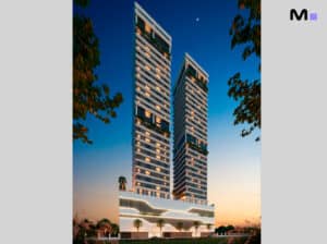 Axion Towers: Vista externa das torres residenciais modernas ao entardecer.