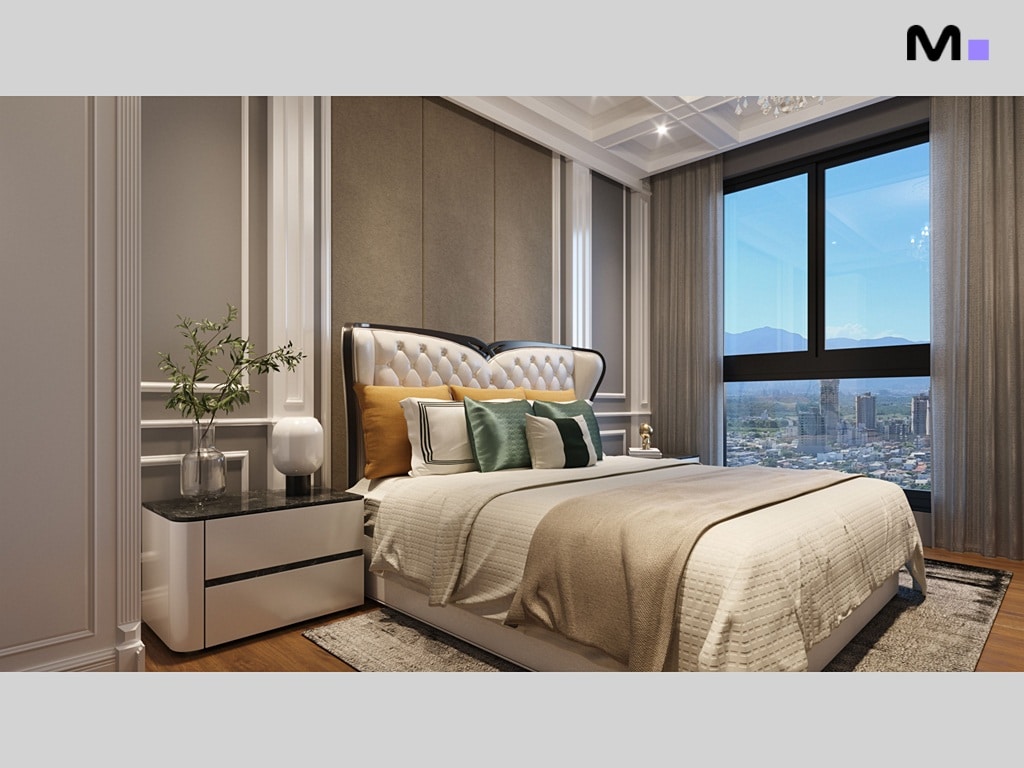 Quarto luxuoso com cama king-size, cabeceira estofada e vista para a cidade.