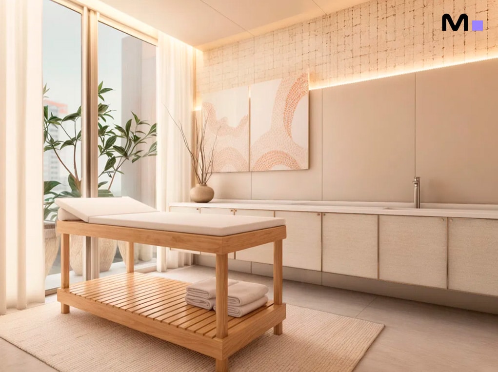 Sala de massagem luminosa na Veredas Residence, com cama de madeira e decoração minimalista.