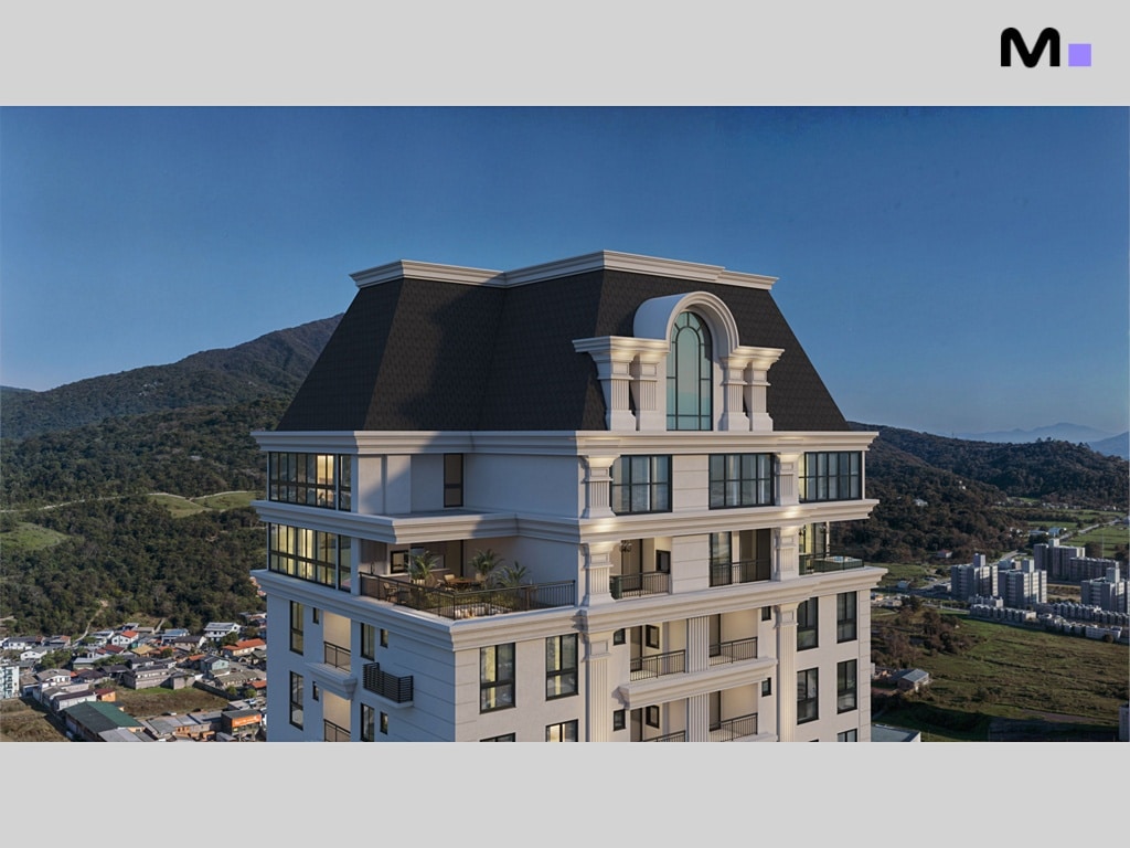 Edifício alto com arquitetura clássica e vista para montanhas. Design elegante.