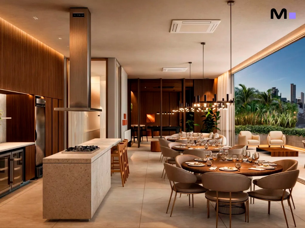 Interior moderno e iluminado do Veredas Residence, com cozinha, sala de jantar e varanda integrada.